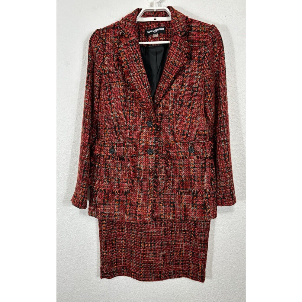 Karl Lagerfeld Paris Dress Suit Womens Size 6 Tweed Skirt Red Orange Fringe‎